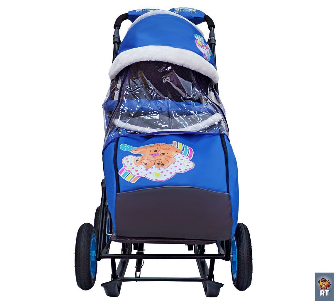 Санки-коляска Snow Galaxy City-1-1, дизайн - 2 Медведя на облаке на синем фоне, на больших надувных колёсах с сумкой и варежками  